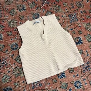 Cream Ribbed Knit Sleeveless Top